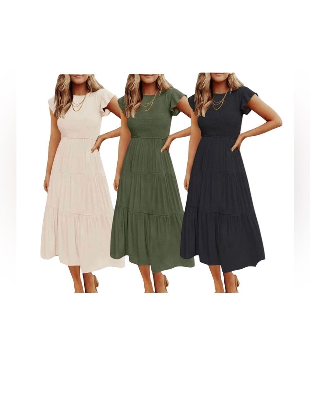 Zesica Chic Cream Midi Dress Smocked Top, Tiered A-Line Skirt Small NWT